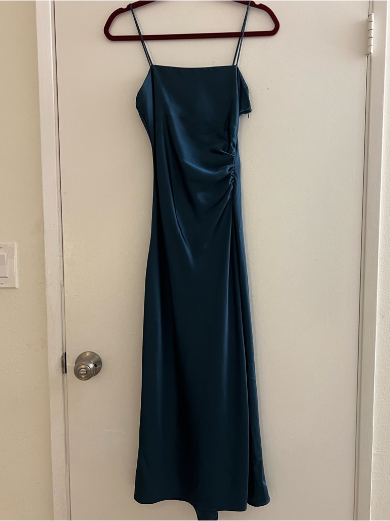Zara Teal Jewel Tone Satin Slip Midi Dress